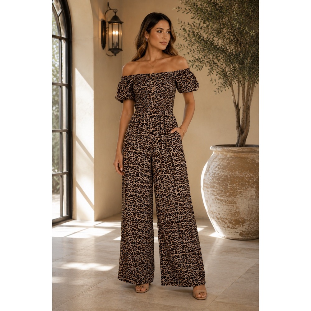 ODDI Leopard Print Smocked Off Shoulder Cropped Wide Leg Jumpsuit Medium NWT